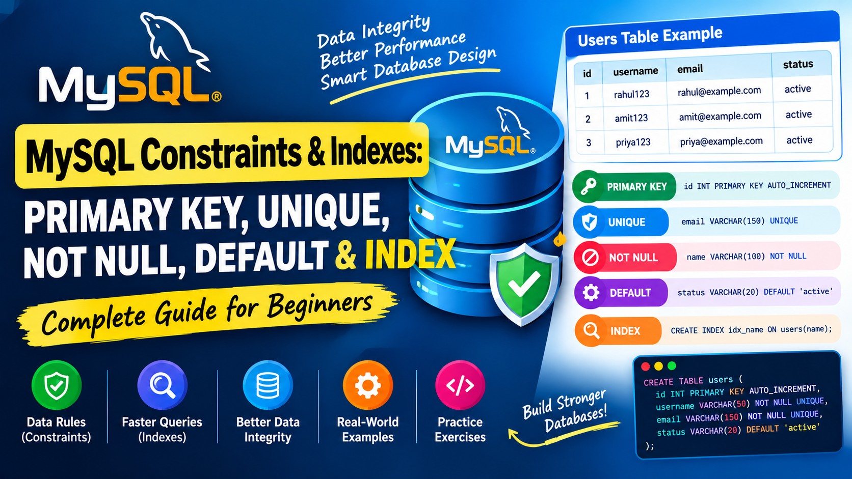 What is MySQL Constraints & Indexes: PRIMARY KEY, UNIQUE, NOT NULL, DEFAULT & INDEX 